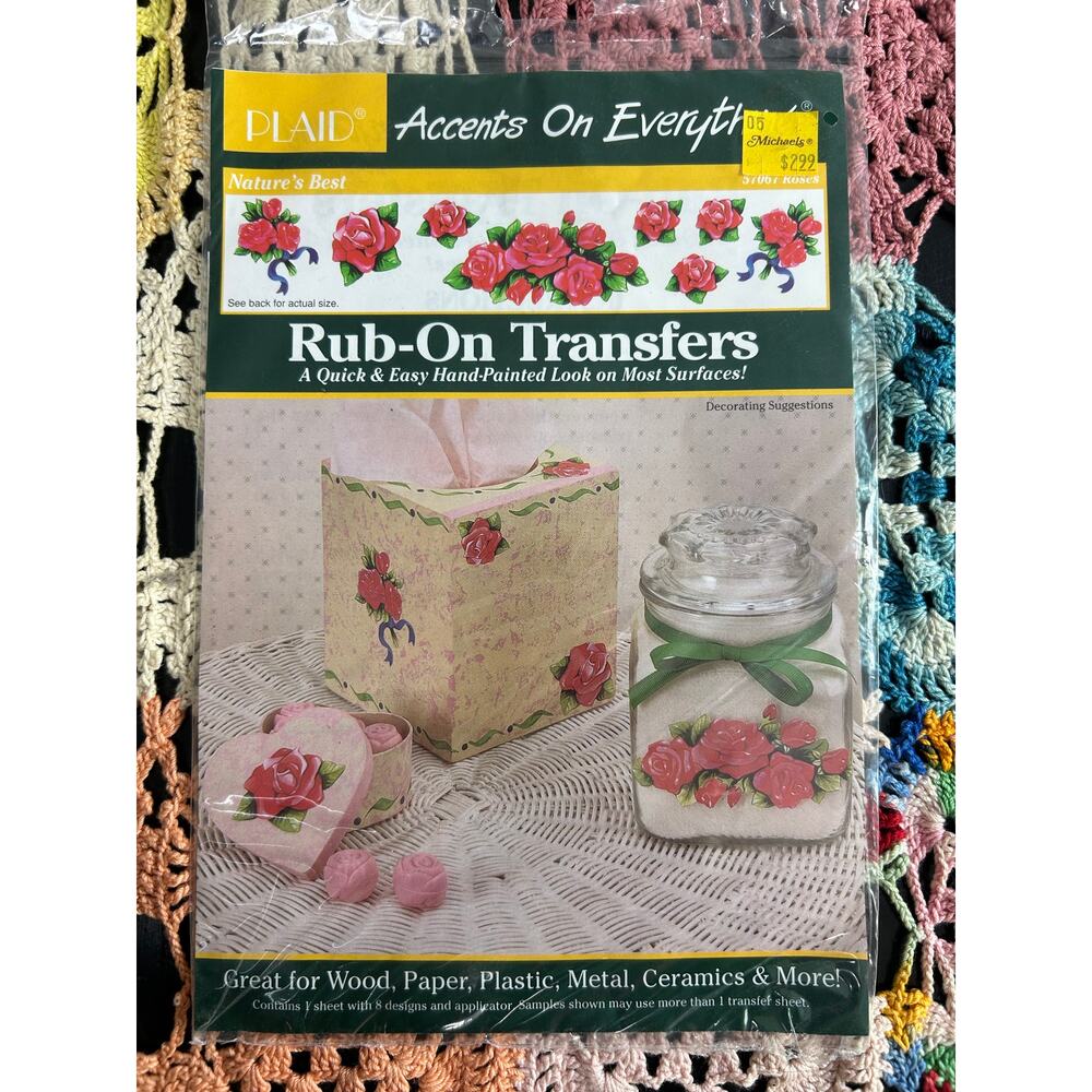 90s  Rub on Transfers-  1 sheet of 8 applicator Pink roses- Unopened cottagecore